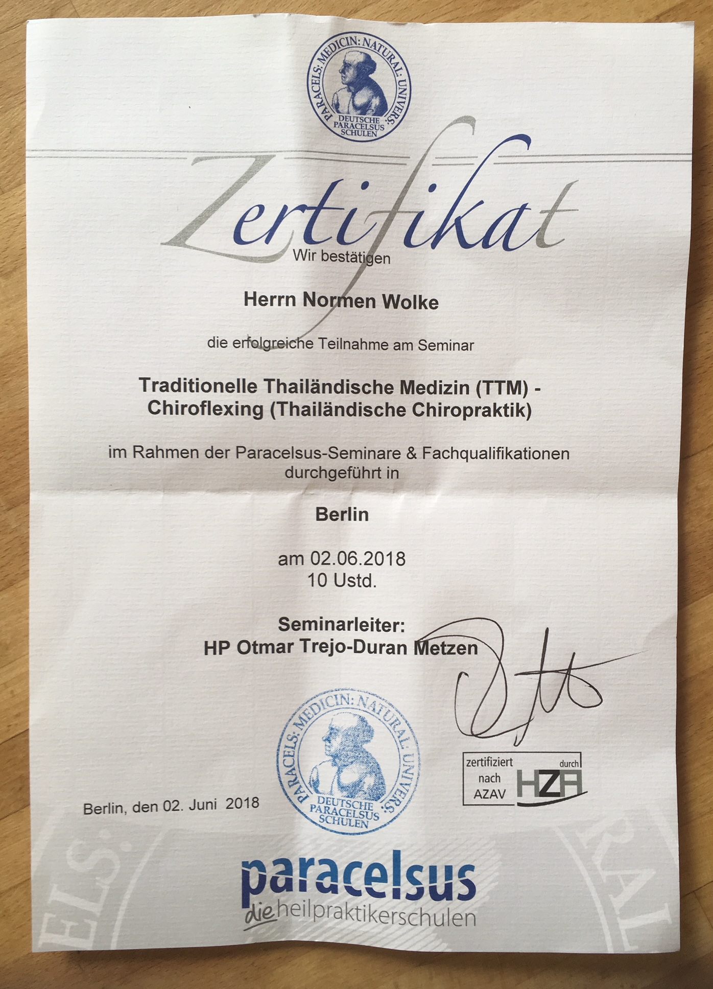 Zertifikat für die Behandlungsmethode Chiroflexing in Berlin
